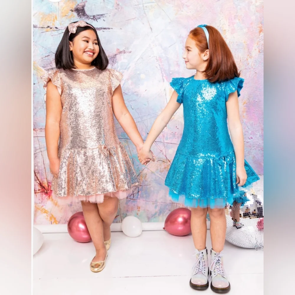 SEQUIN RUFFLE SLEEVE TUTU GIRLS DRESS